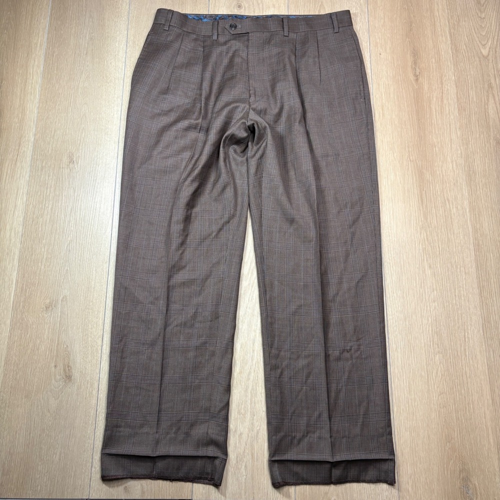 Lauren Ralph Lauren Mens Brown Blue Plaid 100% Wool Pleated Dress Pants 36x30